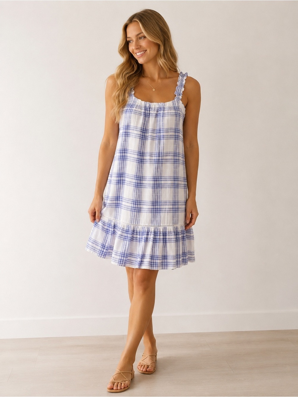 Anthropologie Cloth & Stone Blue Plaid Ruffle Strap Mini Dress | Size Medium